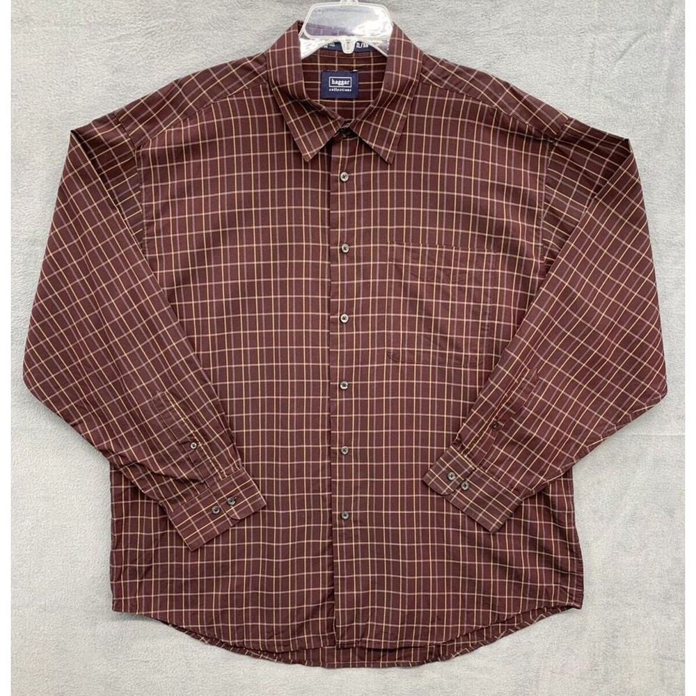 Haggar Collection Button Down Shirt Men's Size XL Burgundy Check Long Sleeve
